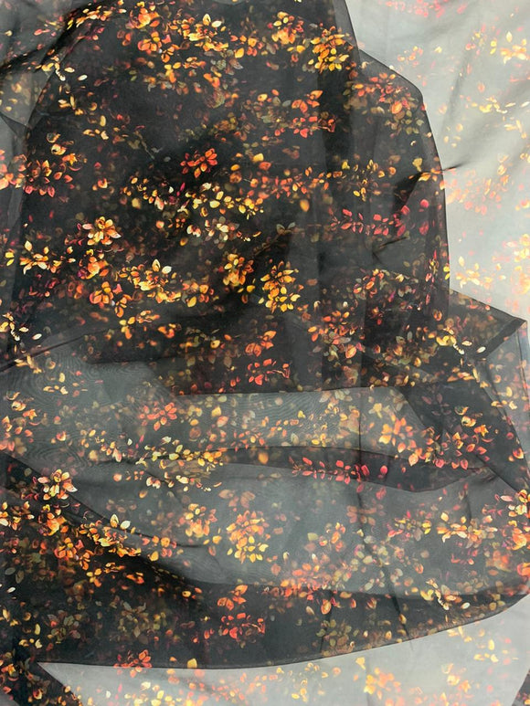 Black floral organza printed fabric 6443