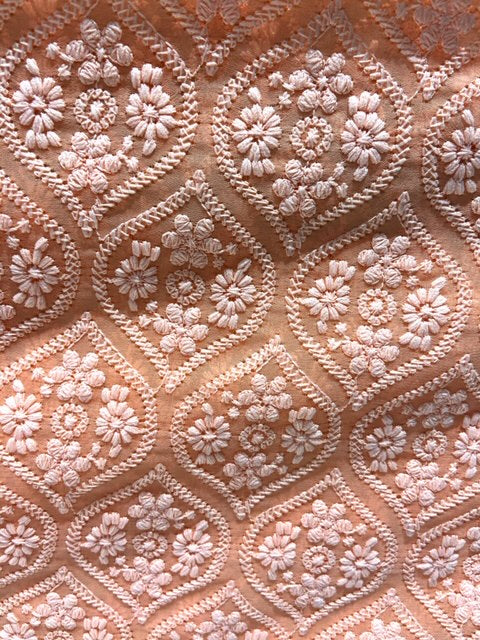 Peach lucknowi chikankari georgette embroidered fabric 3654