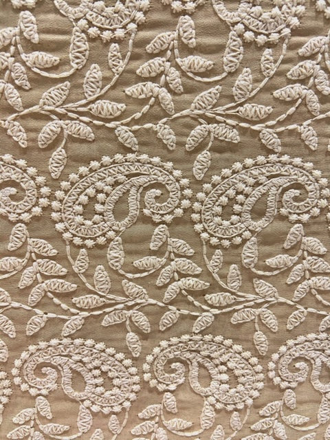 Beige lucknowi chikankari georgette embroidered fabric 3657