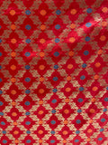 Red brocade with blue and orange minakari butti banarasi silk fabric 1111