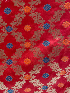 Red brocade with blue and orange minakari butti banarasi silk fabric 1111