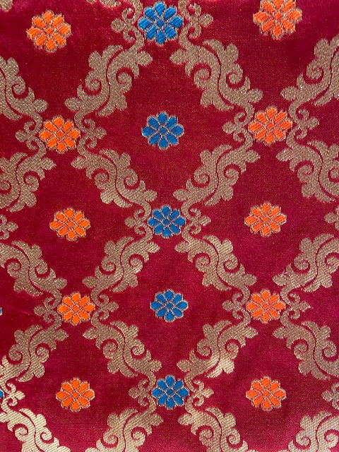 Maroon brocade with blue and orange minakari butti banarasi silk fabric 1111