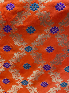 Orange brocade with blue and ink blue minakari butti banarasi silk fabric 1111