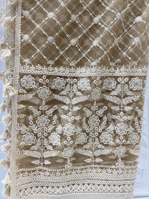 Golden beige chikankari lucknowi thread and sequin net embroidered dupatta 2649