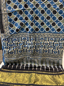 Indigo hand blocked ajrakh with zari border modal gaji printed dupatta 2032