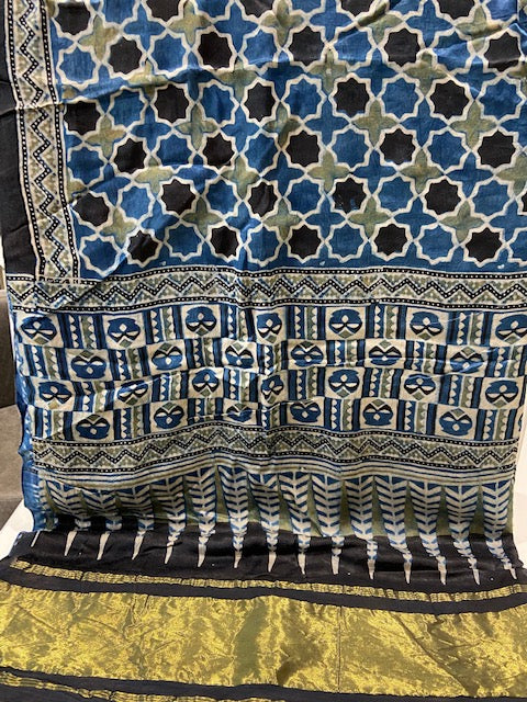 Indigo hand blocked ajrakh with zari border modal gaji printed dupatta 2032