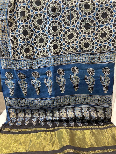 Indigo hand blocked ajrakh with zari border modal gaji printed dupatta 2033