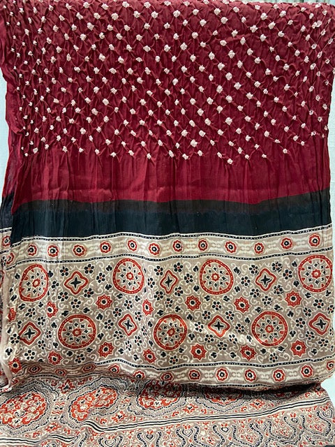 Maroon hand dyed bandhani with hand blocked modal gaji printed dupatta 2036