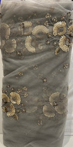 Grey thread with sequin allover Net Embroidered fabric 3544