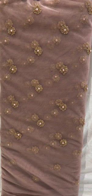 Brown with sequin allover Net Embroidered fabric 1099