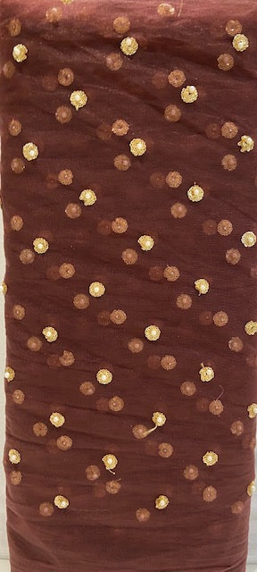 Brown with sequin allover Net Embroidered fabric 5688