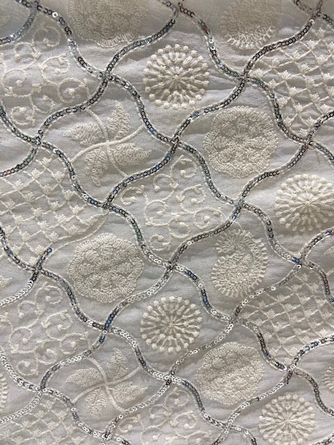 White dyeable sequin and thread lucknowi chikankari allover georgette embroidered fabric 1885