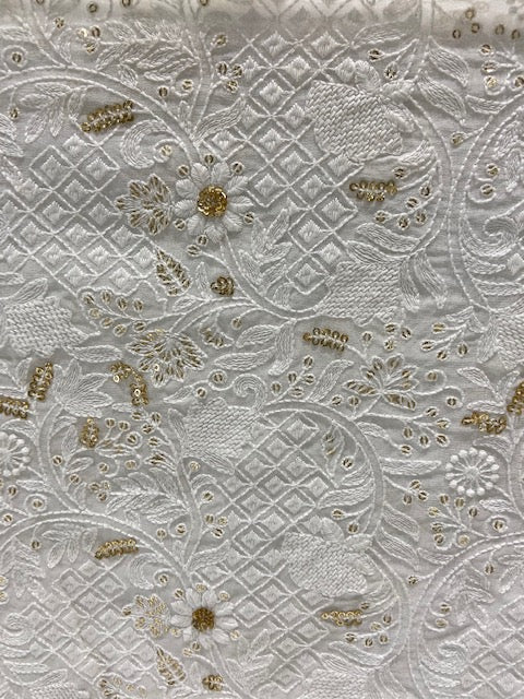 White dyeable sequin and thread lucknowi chikankari allover georgette embroidered fabric 1897