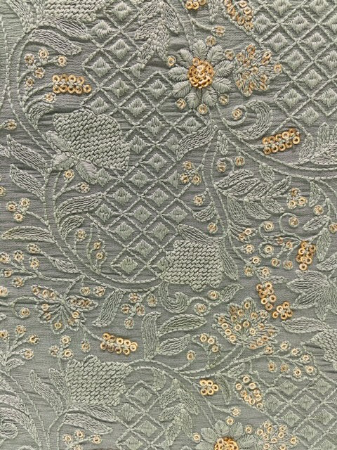 Earthy green thread and sequin all over lucknowi georgette  embroidered fabric 2550