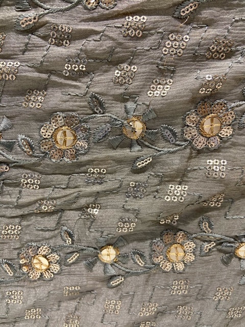 Grey sequin and thread all over chinon embroidered fabric 1002