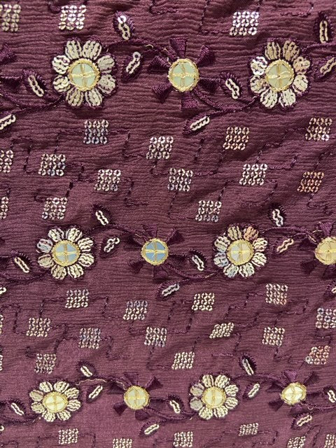 Wine sequin and thread all over chinon embroidered fabric 1002