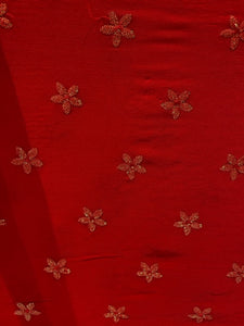 Red sequin and thread butta chinon embroidered fabric 1015