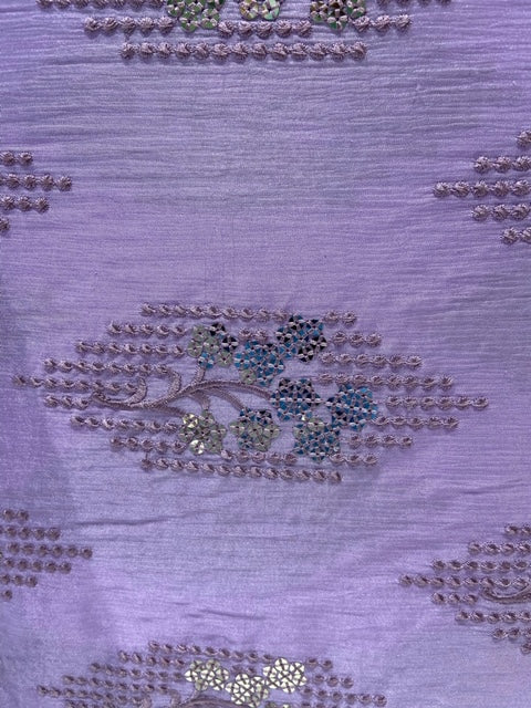 Lavender sequin and thread butta chinon embroidered fabric 1020