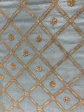 Earthy blue sequin and zari butta chinon embroidered fabric 1055