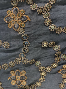 Grey zari and sequin butta chinon embroidered fabric 1315