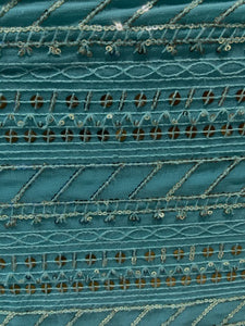 Teal blue sequin and thread all over georgette embroidered fabric 8900