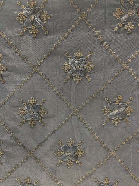 Grey sequin and thread all over upada silk embroidered fabric 6522