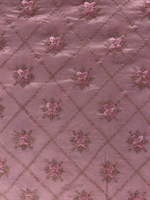 Pink sequin and thread all over upada silk embroidered fabric 6522