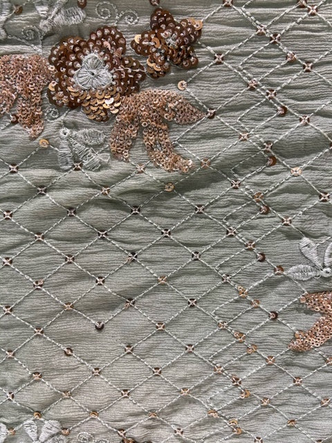 Earthy green sequin and zari allover chinon embroidered fabric 1865