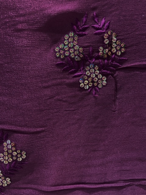 Wine sequin and thread butta chinon embroidered fabric 1869