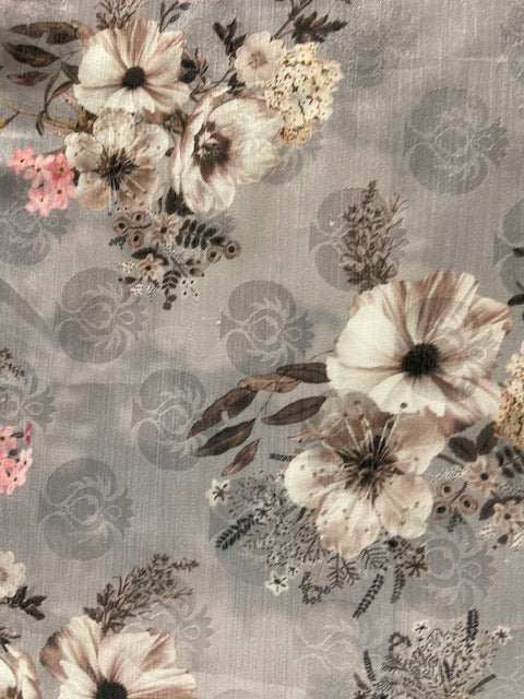 Grey floral silk chiffon printed fabric 4831