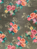 Green blue grey floral silk crepe printed fabric 4818