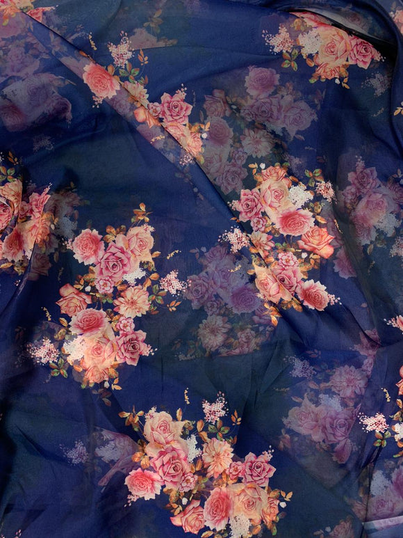 Blue floral organza printed fabric 7533