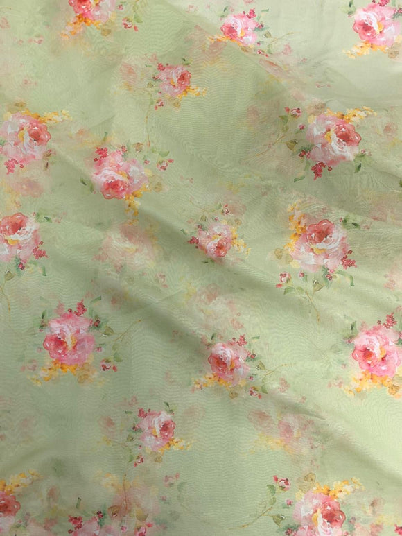 Green floral organza printed fabric 3666